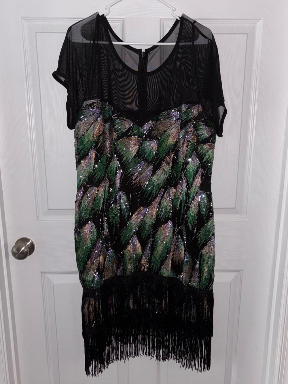 Black Sequin Beaded Fringe Flapper Dress Gatsby Cocktail 2XL 18 Art Deco Event